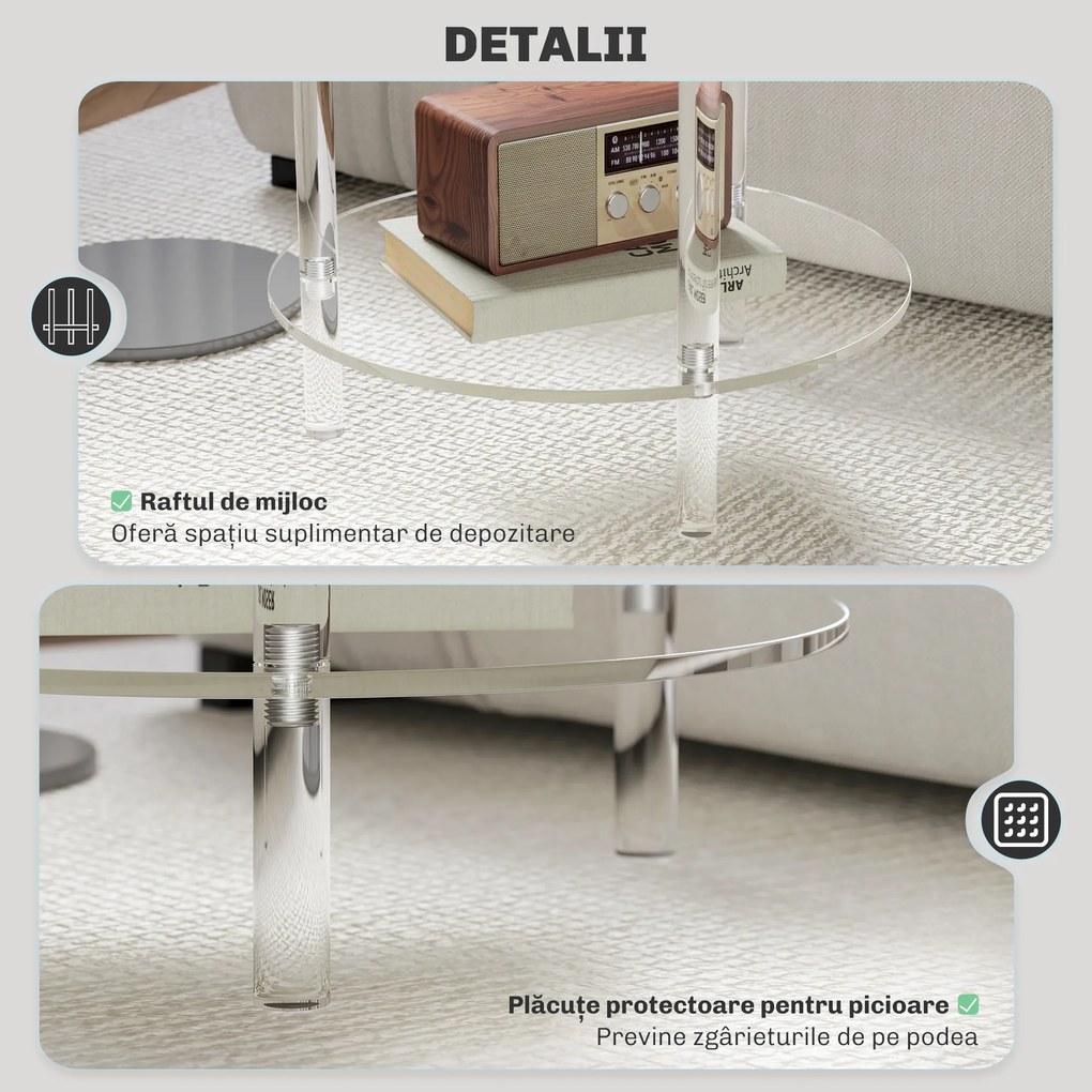 HOMCOM Măsuță Joasă Rotundă cu 2 Niveluri pentru Interior, Măsuță de Cafea din Acrilic, Ø40x50 cm, Transparentă | Aosom Romania