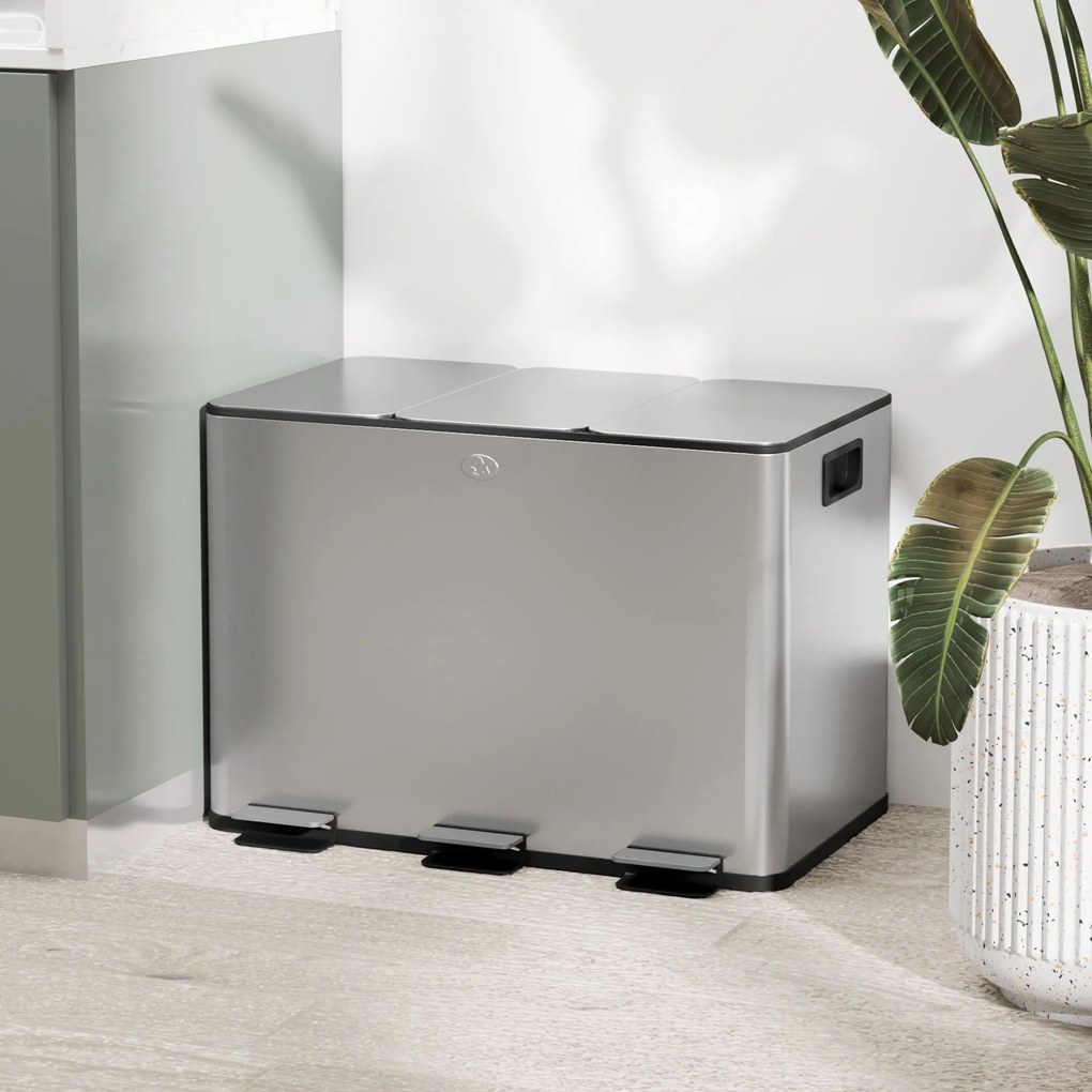 HOMCOM Coș de Gunoi cu 3 Compartimente de 20L, Cu Pedală, Capace cu Închidere Silențioasă, Oțel Inoxidabil și PP, 61,9x36,6x56,7 cm, Argintiu | Aosom Romania