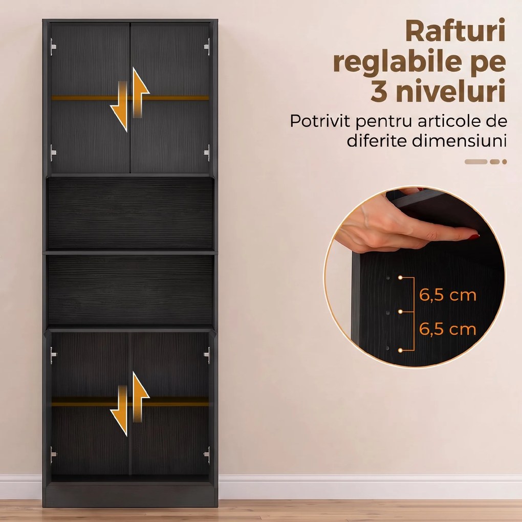 HOMCOM Cămară de bucătărie 170 cm, dulap cu raft reglabil, negru aspect lemn | Aosom Romania