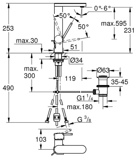 Baterie lavoar inalta Grohe Plus L antracit periat Hard Graphite cu ventil si pipa extractibila