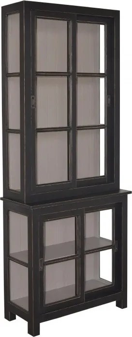 Vitrină vintage din lemn masiv de pin, negru, cu 4 uși glisante vitrate, 1 raft și laterale din sticlă, finisaj antichizat, 220 x 90 x 40 cm, „Gloria”