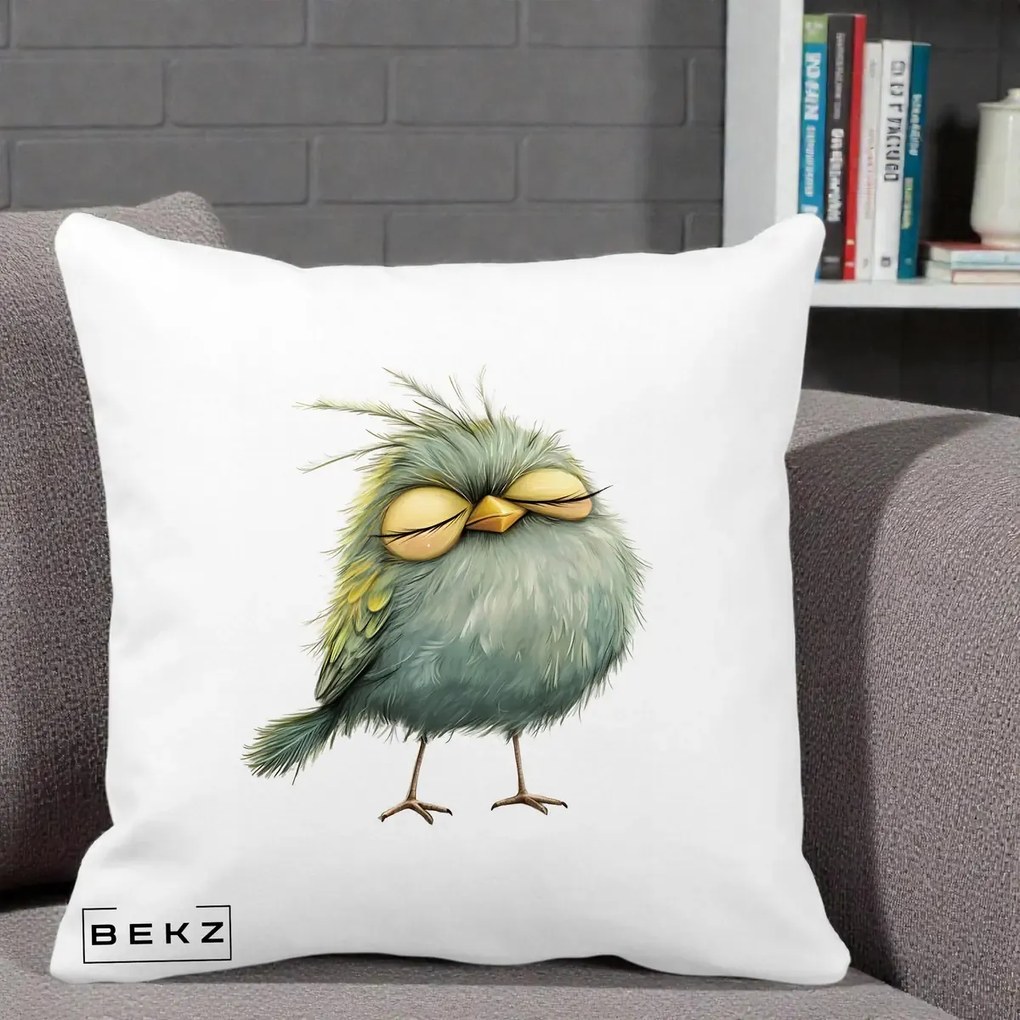 Perna Decorativa Pasare Teal Adormita cu Ochi Galbeni, 40x40 cm, Alba Mata, Husa Detasabila, Perna Inclusa, BEKZ®