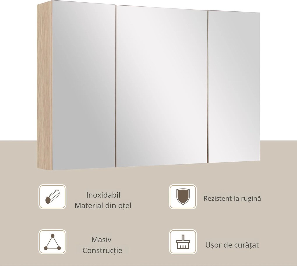 Kleankin Dulăpior de Perete pentru Baie, Mobilă cu 3 Uși cu Oglindă, 90x60x13,5 cm, Lemn | Aosom Romania