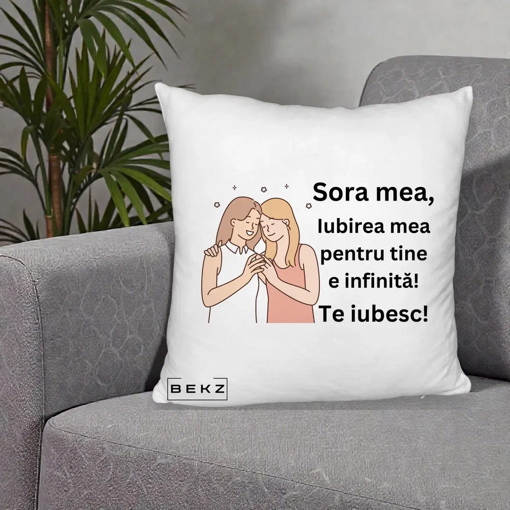 Cadou pentru Sora - Perna Personalizata Sora Mea Te Iubesc Imbratisare cu Sclipiri, 40x40 cm, Alb Pufos, Husa Detasabila, Perna Inclusa, BEKZ®