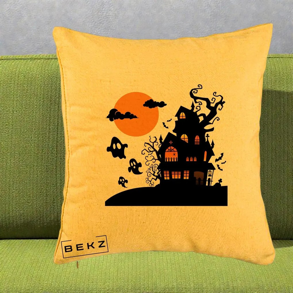 Perna Decorativa Halloween Casa Bantuita cu Fantome, 40x40 cm, Galben, Husa Detasabila, Perna Inclusa, BEKZ®