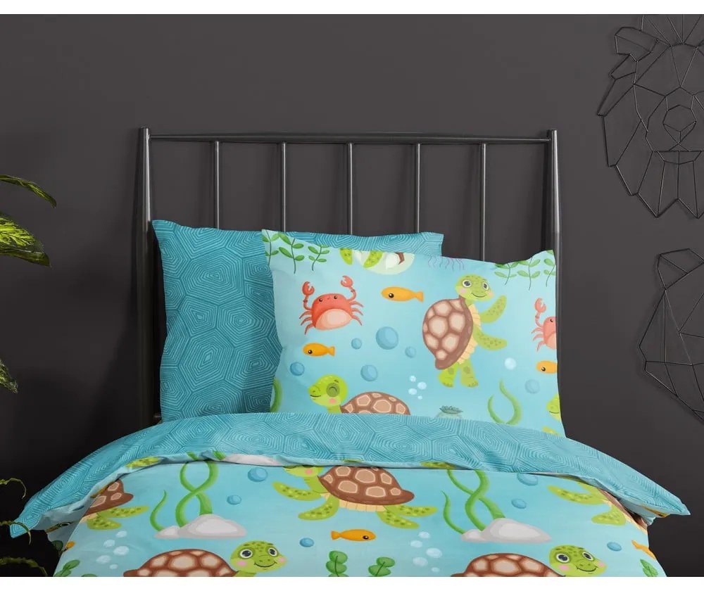 Lenjerie de pat pentru copii albastră din bumbac pentru pat de o persoană, extinsă 140x220 cm Turtles – Good Morning