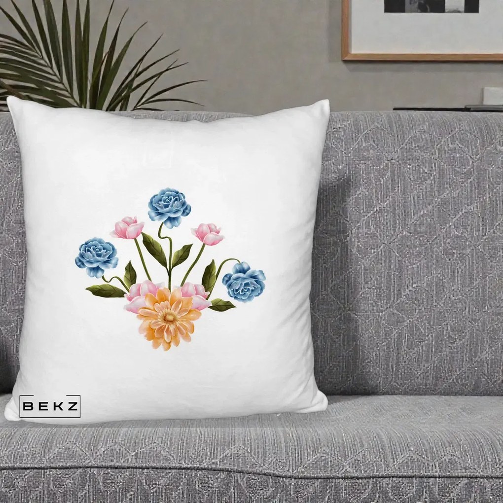 Perna Decorativa Buchet Primavara Acuarela, 40x40 cm, Alb Pufos, Husa Detasabila, Perna Inclusa, BEKZ®