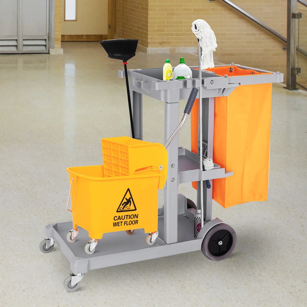 HOMCOM Cărucior pentru Curățenie cu 3 Rafturi, Cârlige pentru Mături, 4 Roți și Sac de 100L,121x50,5x96,5 cm, Portocaliu | Aosom Romania