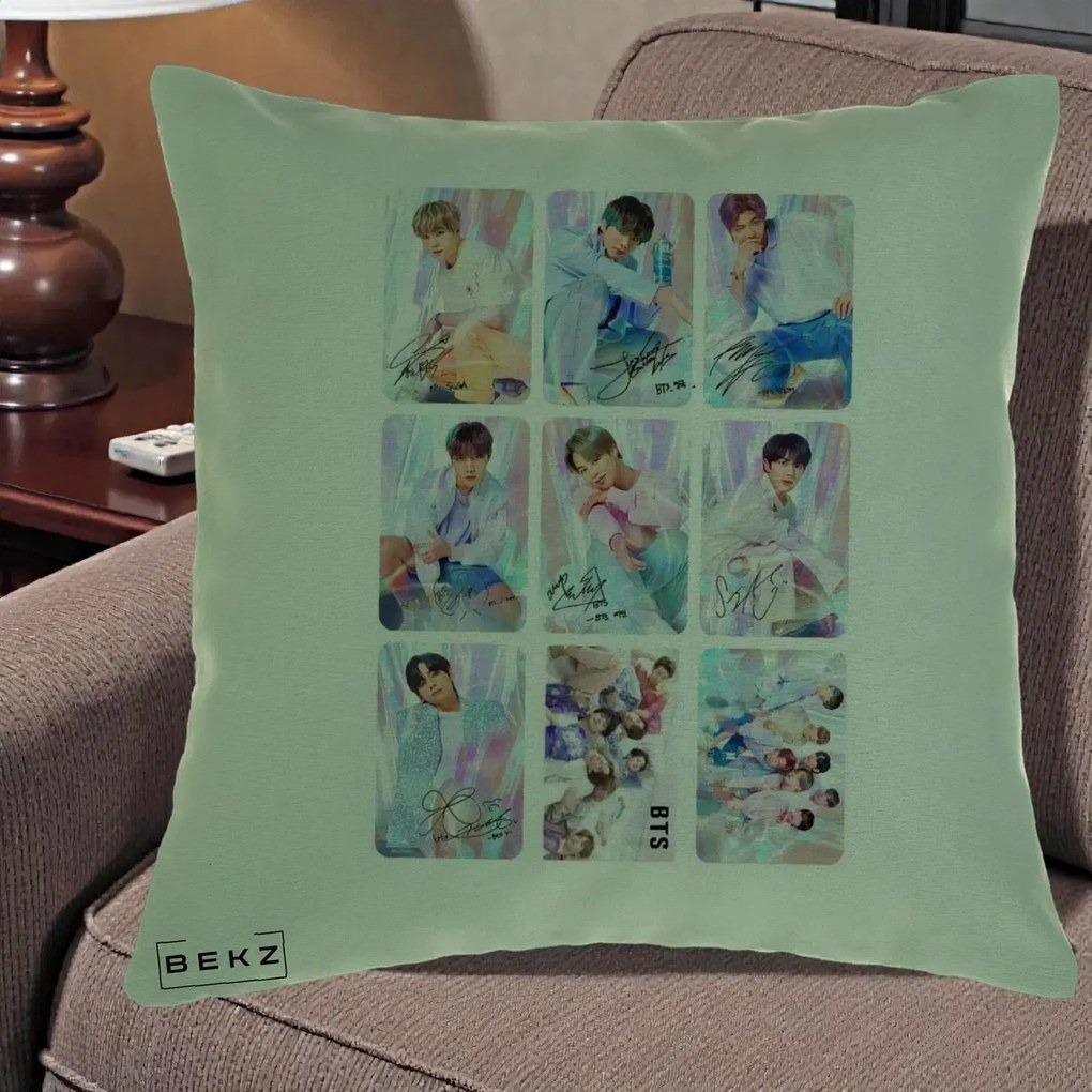 Perna Personalizata K-pop BTS Colaj 9 Fotografii Autografe Individual, 40x40 cm, Verde, Husa Detasabila, Perna Inclusa, BEKZ®