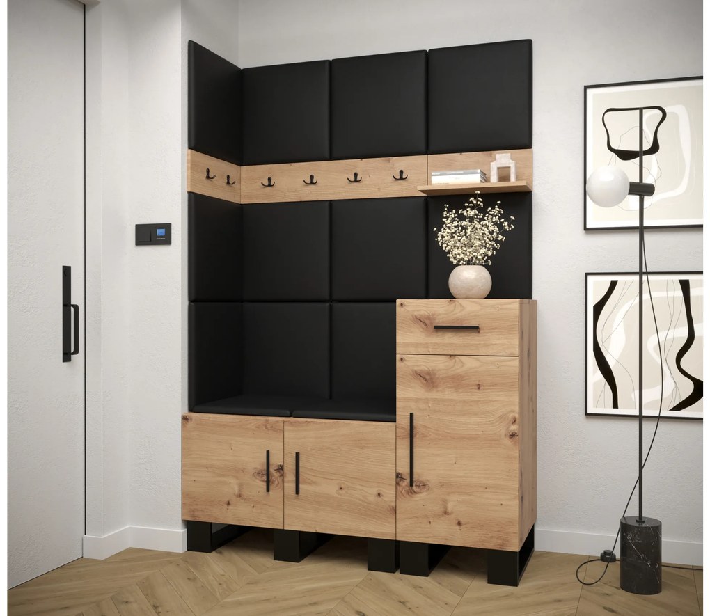 Set mobilier pentru hol Amanda 10 (Stejar artisan + piele ecologică Negru). 1085946