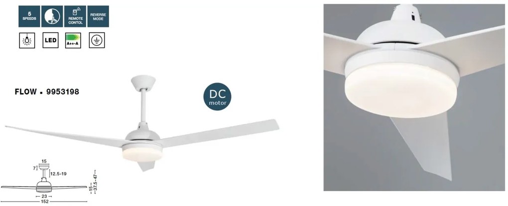 Ventilator de tavan cu telecomanda si iluminat FLOW alb