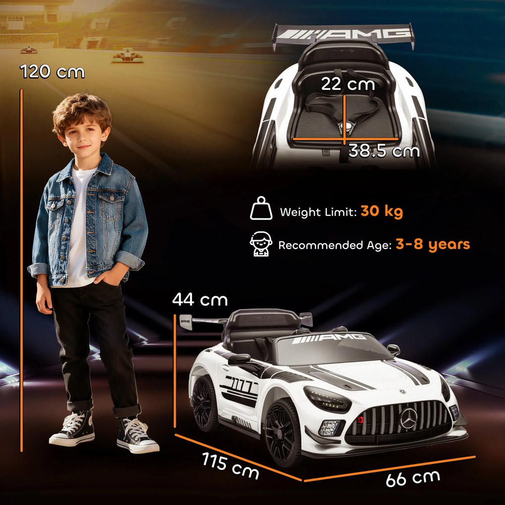 AIYAPLAY Mașinuță Electrică pentru Copii 3-8 Ani Mercedes-AMG 12V cu Telecomandă, Lumini LED, Roți de Transport, Alb | Aosom Romania