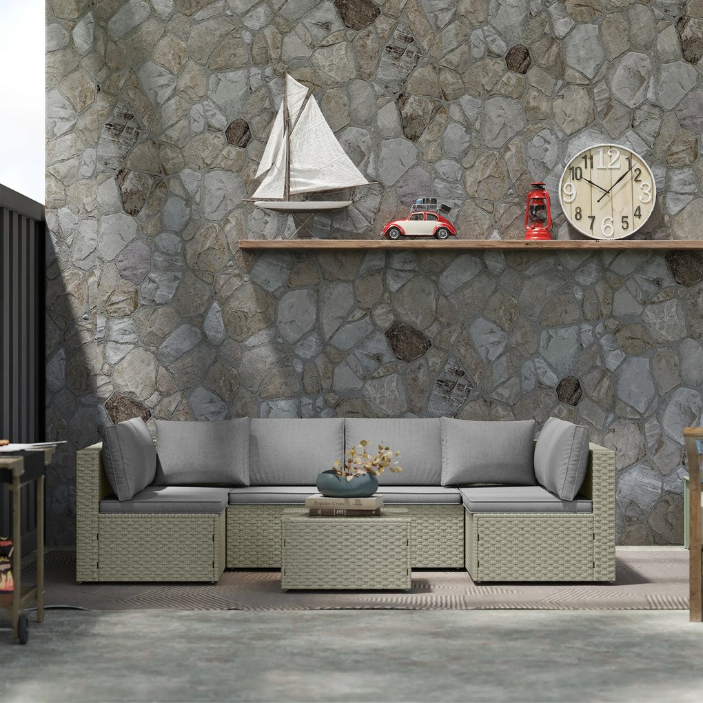Outsunny Set mobilier grădină de 6 persoane, din rășină împletită, canapele confortabile și masă joasă cu sticlă securizată, maro | Aosom Romania