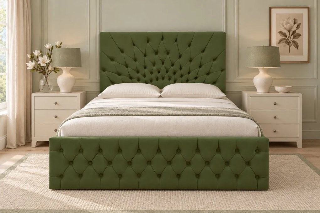 Pat tapițat Chesterfield din catifea Venezia 140×200 cm, kaki, cu ladă de depozitare