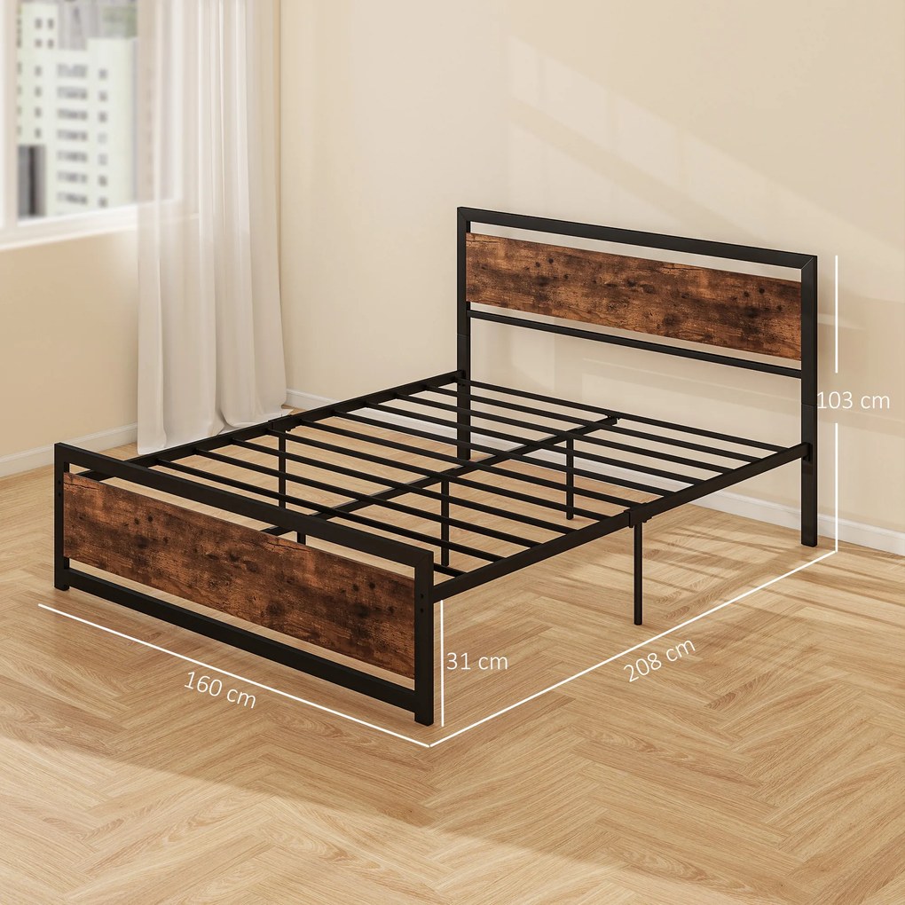 HOMCOM Cadru Pat Matrimonial din Lemn si Otel 160x200cm, Sipci Integrate si Tetiera in Stil Industrial, Negru Maro Rustic