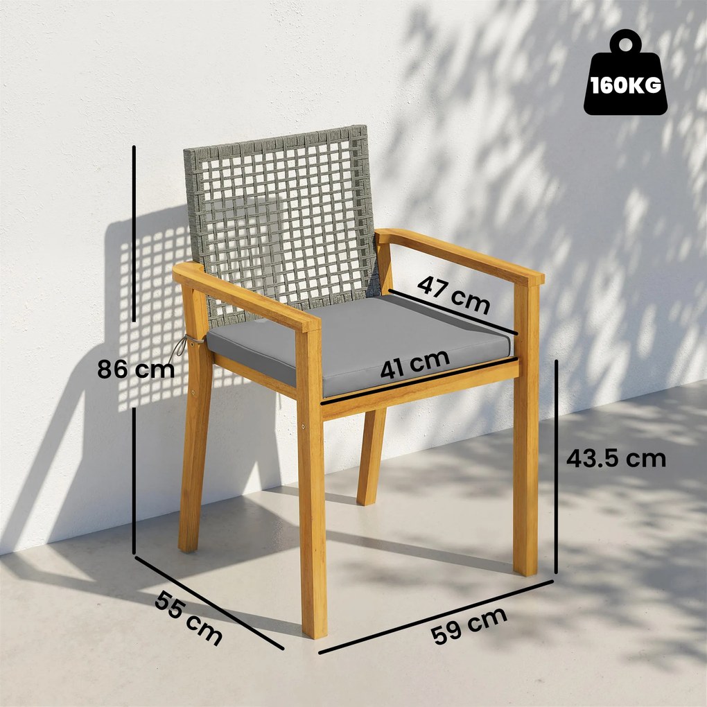 Outsunny Scaune de grădină set 2 buc. Lemn de acacia certificat FSC Stivuibile Scaune din lemn cu spătar din rattan Perne detașabile Cotiere | Aosom Romania