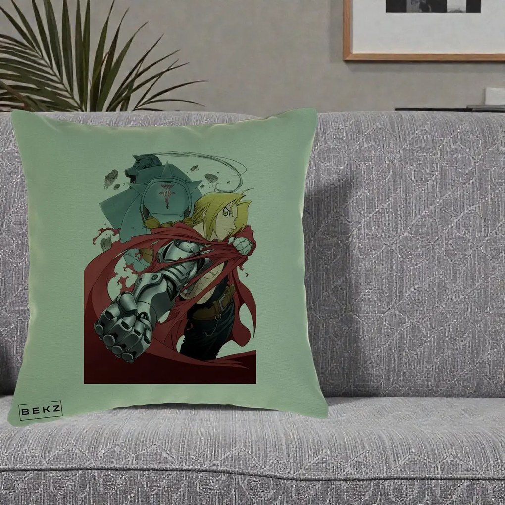 Perna Personalizata Fullmetal Alchemist Brotherhood Edward si Al Poster, 40x40 cm, Verde, Husa Detasabila, Perna Inclusa, BEKZ®