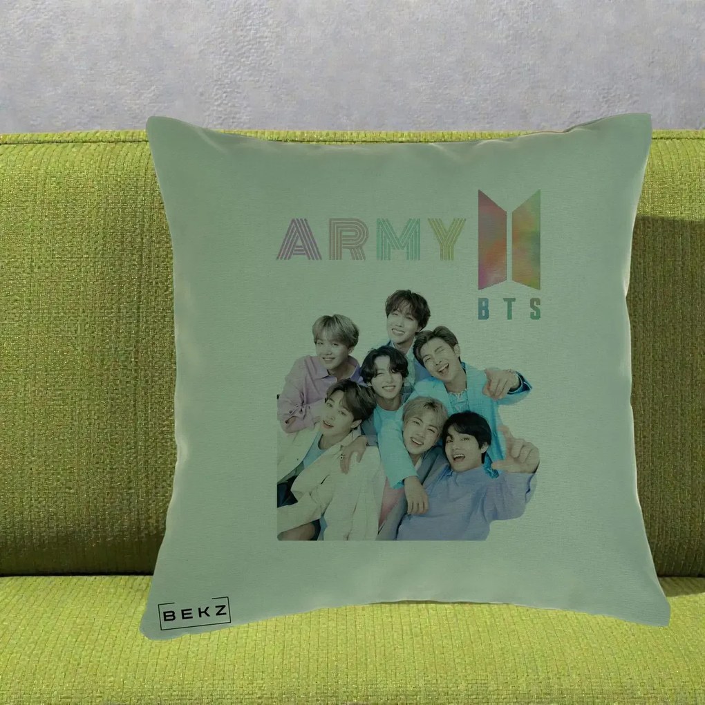 Perna Personalizata K-pop BTS ARMY Fotografie Grup Veseli, 40x40 cm, Verde, Husa Detasabila, Perna Inclusa, BEKZ®