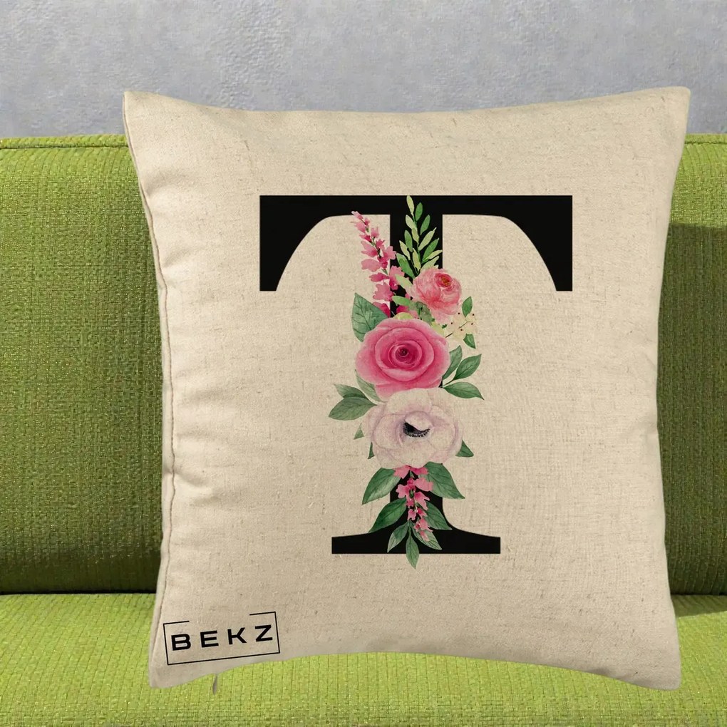 Cadou Personalizat - Perna Personalizata Monograma Florala Litera T, 40x40 cm, Bej, Husa Detasabila, Perna Inclusa, BEKZ®