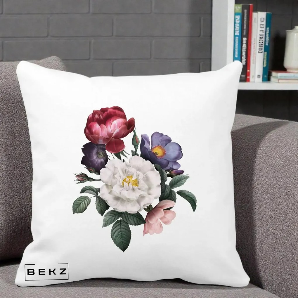 Perna Decorativa Buchet Trandafiri Bujori Botanical, 40x40 cm, Alba Mata, Husa Detasabila, Perna Inclusa, BEKZ®