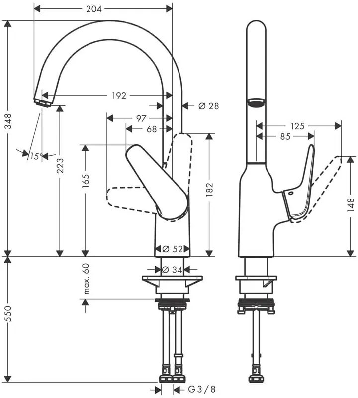 Baterie bucatarie Hansgrohe Focus M42, 3/8'', pipa inalta, monocomanda, pivotanta, crom - 71802000