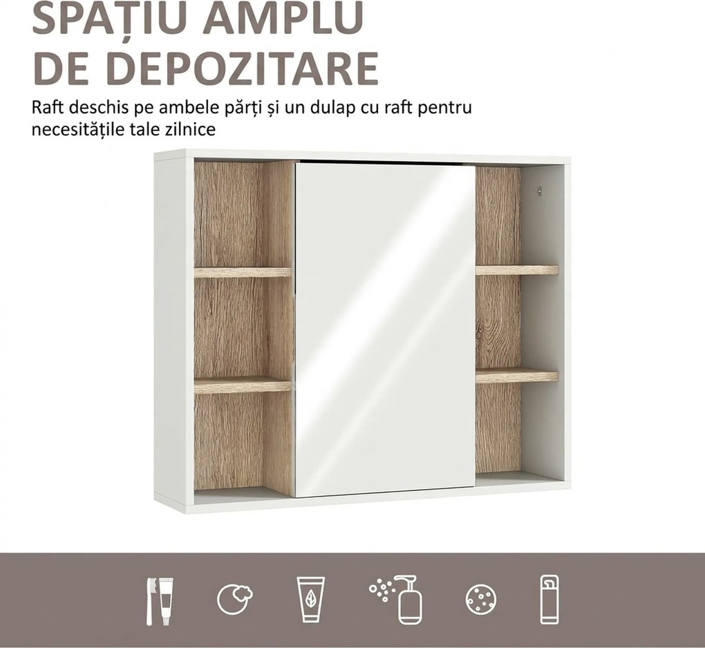 HOMCOM Dulap cu Oglinda din MDF si PAL, Dulap de Baie cu 3 Rafturi Laterale si Raft Interior Reglabil, 60x14.5x49.4 cm, Alb si Lemn Natur | Aosom RO