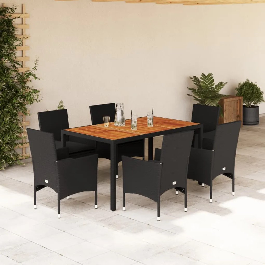 vidaXL Set mobilier grădină perne 7 piese negru poliratan/lemn acacia