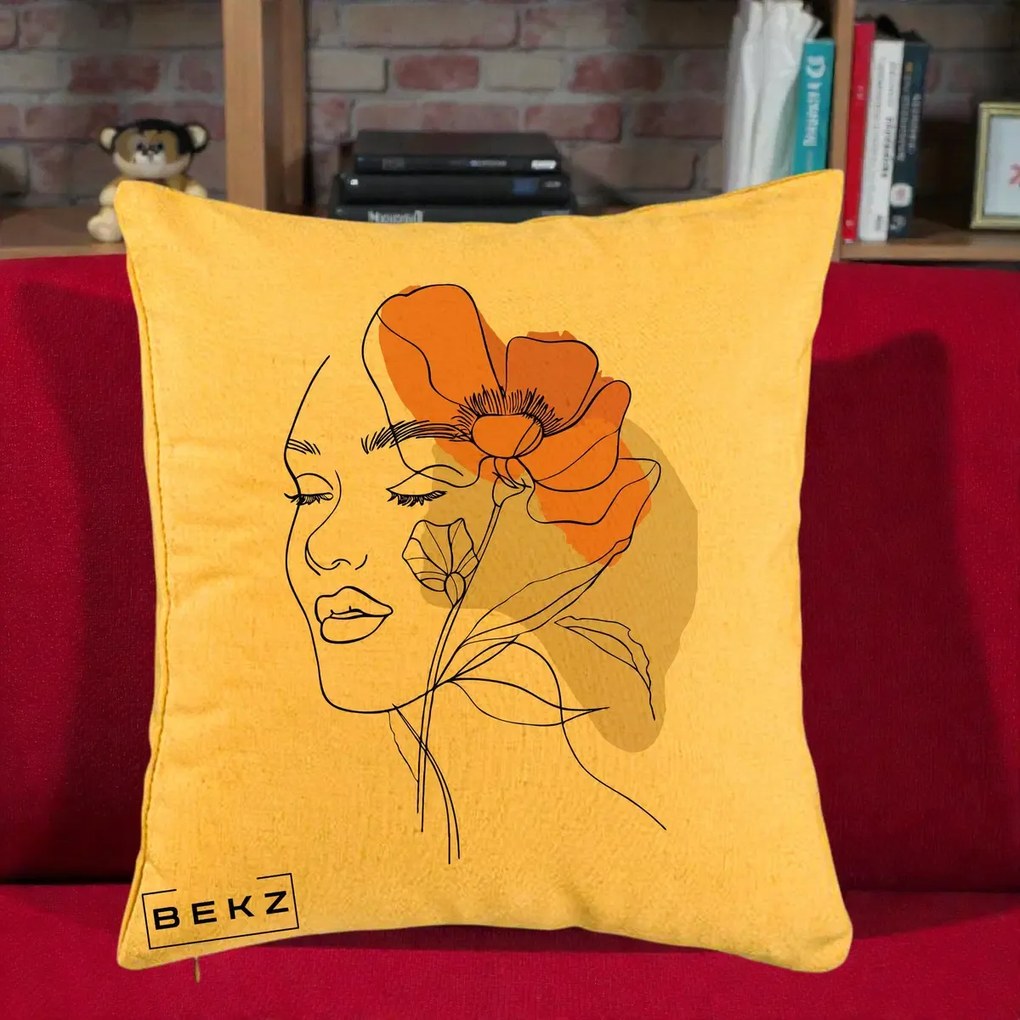 Perna Decorativa Portret Feminin Mac Mare Portocaliu, 40x40 cm, Galben, Husa Detasabila, Perna Inclusa, BEKZ®