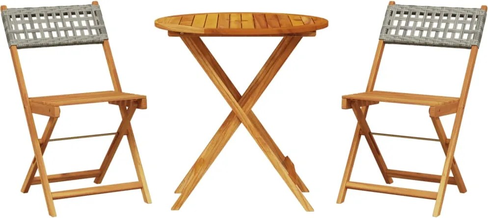 vidaXL Set bistro de grădină, 3 piese, gri, poliratan și lemn masiv