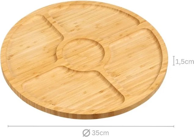 Tava rotunda de servire Kesper 58447, 35 cm, Bambus, 5 compartimente, Maro