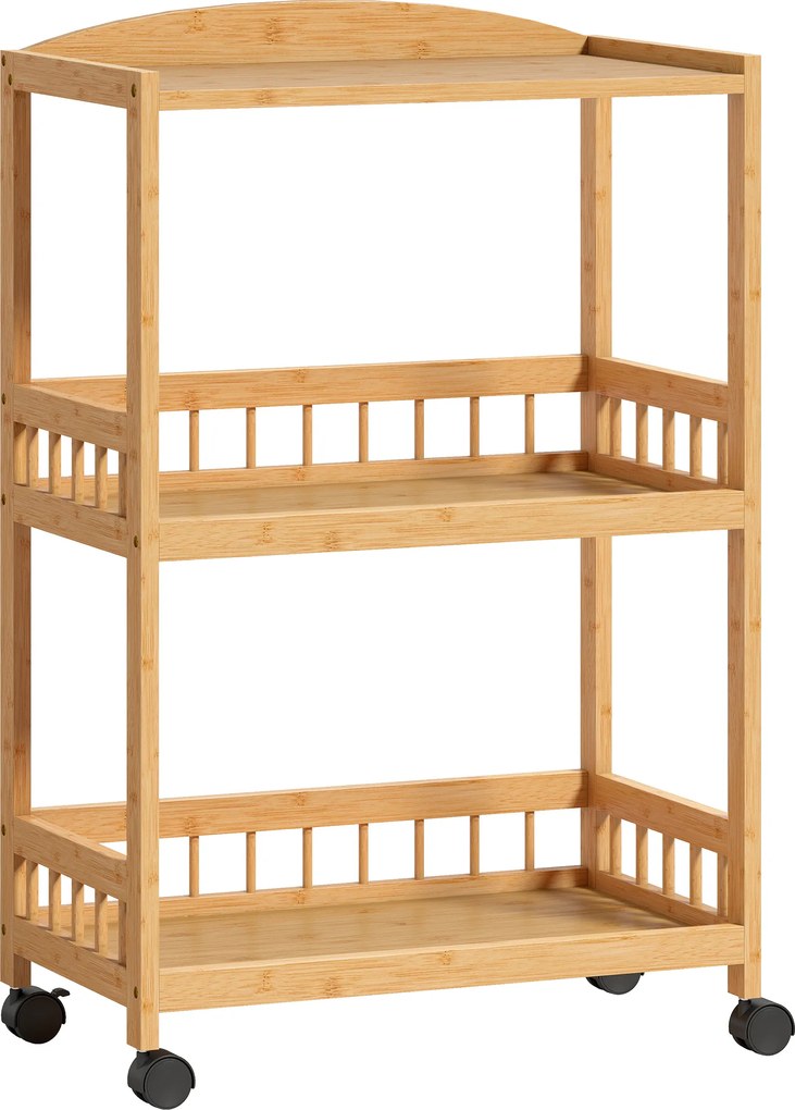 HOMCOM Cărucior de bucătărie cu 3 nivele, căruț de servire cu spațiu de depozitare, raft de bucătărie pe roți, pentru bucătărie baie birou lemn natural | Aosom Romania