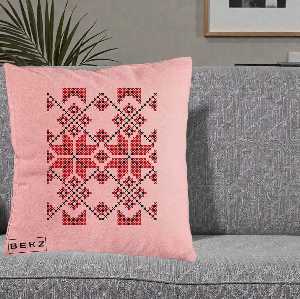 Perna Personalizata Motiv Traditional Cusatura Rosu-Negru, 40x40 cm, Roz, Husa Detasabila, Perna Inclusa, BEKZ®