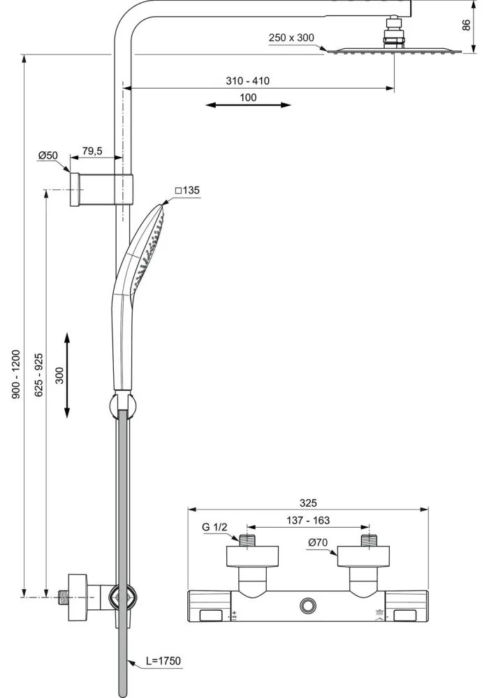 Coloana de dus cu baterie termostatata Ideal Standard Ceratherm T100 crom lucios, palarie dreptunghiulara