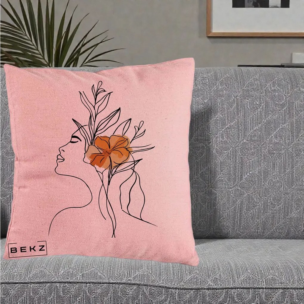 Perna Decorativa Portret Feminin Floare Portocalie Lateral, 40x40 cm, Roz, Husa Detasabila, Perna Inclusa, BEKZ®