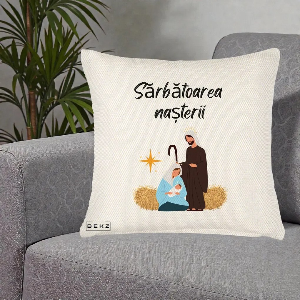 Perna Decorativa Nasterea Domnului Sfanta Familie Sarbatoarea Nasterii, 40x40 cm, Crem Reliefat, Husa Detasabila, Perna Inclusa, BEKZ®