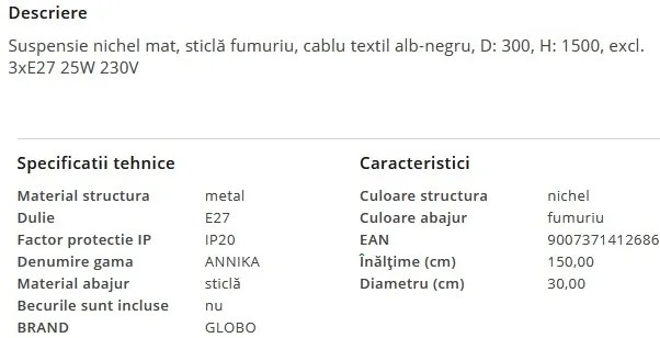 Lustra moderna cu 3 pendule ANNIKA nickel