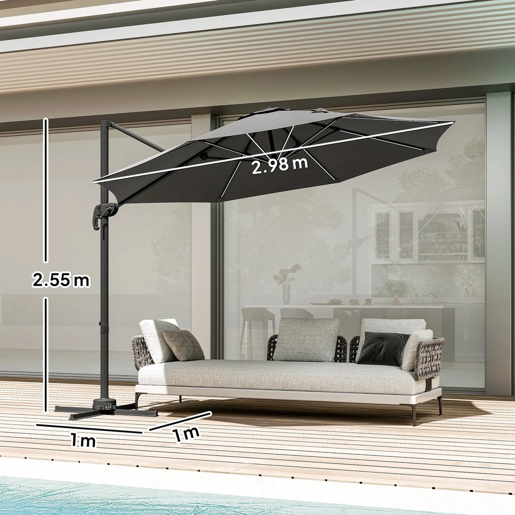 Outsunny Umbrelă de Soare Exterioară cu Lumini LED și Unghi Reglabil, Umbrelă de Grădină din Aluminiu și Poliester, Ø3x2.5 m, Gri | Aosom Romania