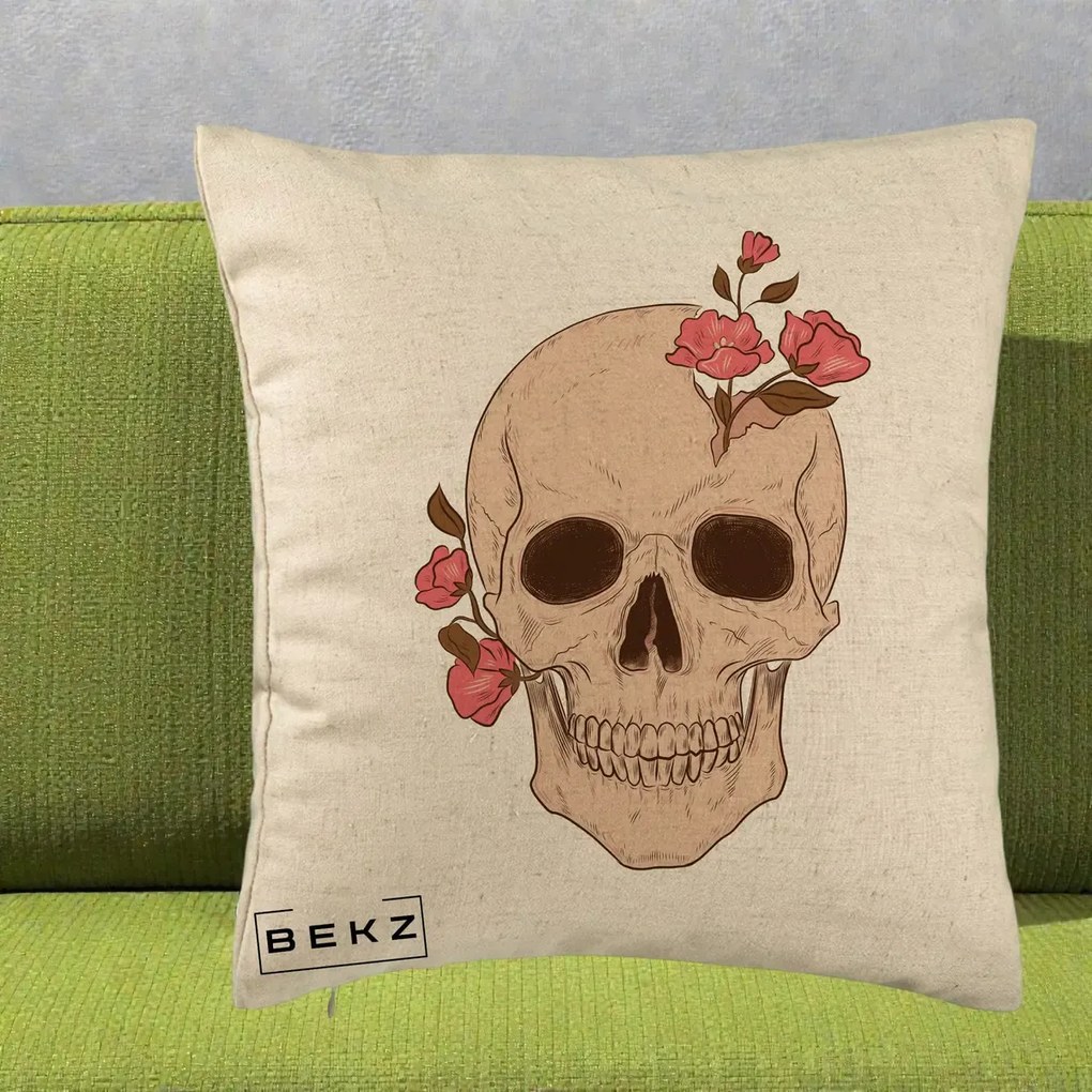 Perna Decorativa Craniu Floral Gothic, 40x40 cm, Bej, Husa Detasabila, Perna Inclusa, BEKZ®