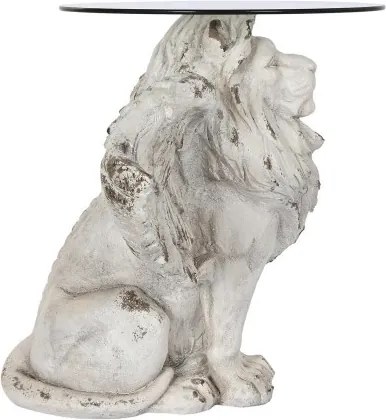 Măsuță laterală sculptată din oxid de magneziu, leu înaripat, blat din sticlă, finisaj gri antichizat, 96 x 62 x 61 cm, „Leon"