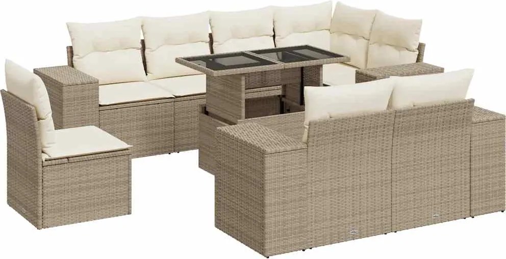 vidaXL Set canapele de grădină, 9 piese, cu perne, bej, poliratan