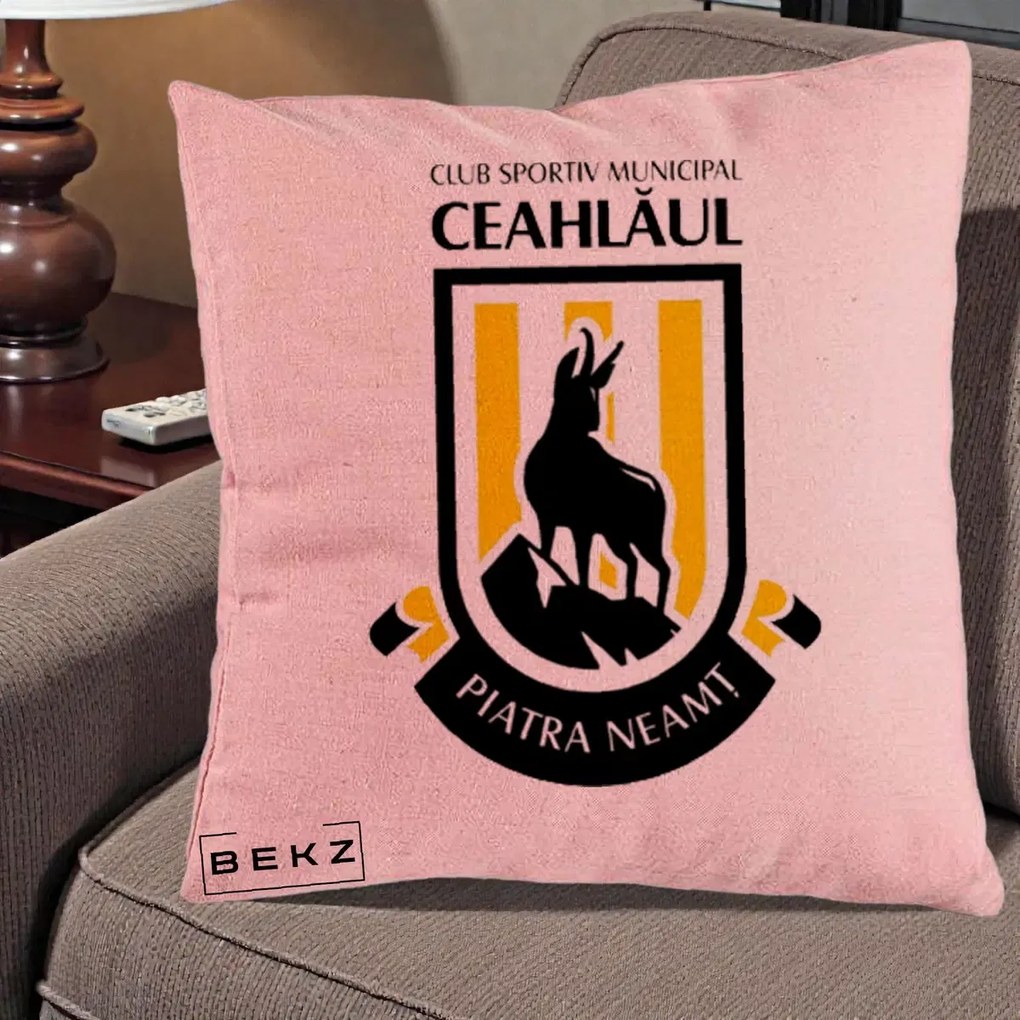 Perna Personalizata CSM Ceahlaul Piatra Neamt Fotbal, 40x40 cm, Roz, Husa Detasabila, Perna Inclusa, BEKZ®