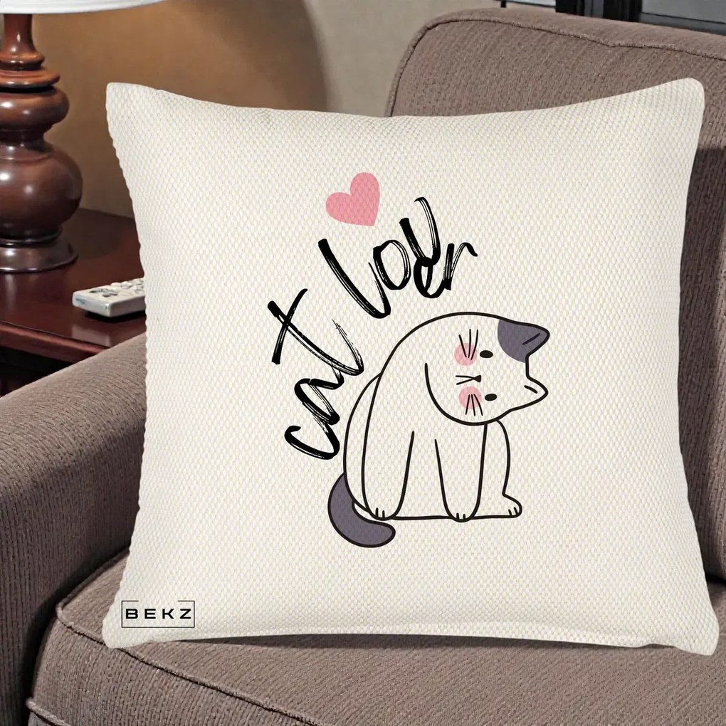 Perna Personalizata Cat Lover Pisica Ilustratie Linie, 40x40 cm, Crem Reliefat, Husa Detasabila, Perna Inclusa, BEKZ®