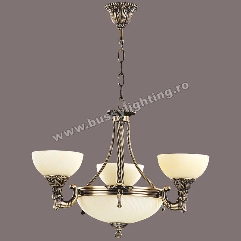 Lustra Omega cu 3 Brate, Desing Clasic, Finisaj Bronz Antic, Abajur Crem - Bussy Lighting 3035-52-03A