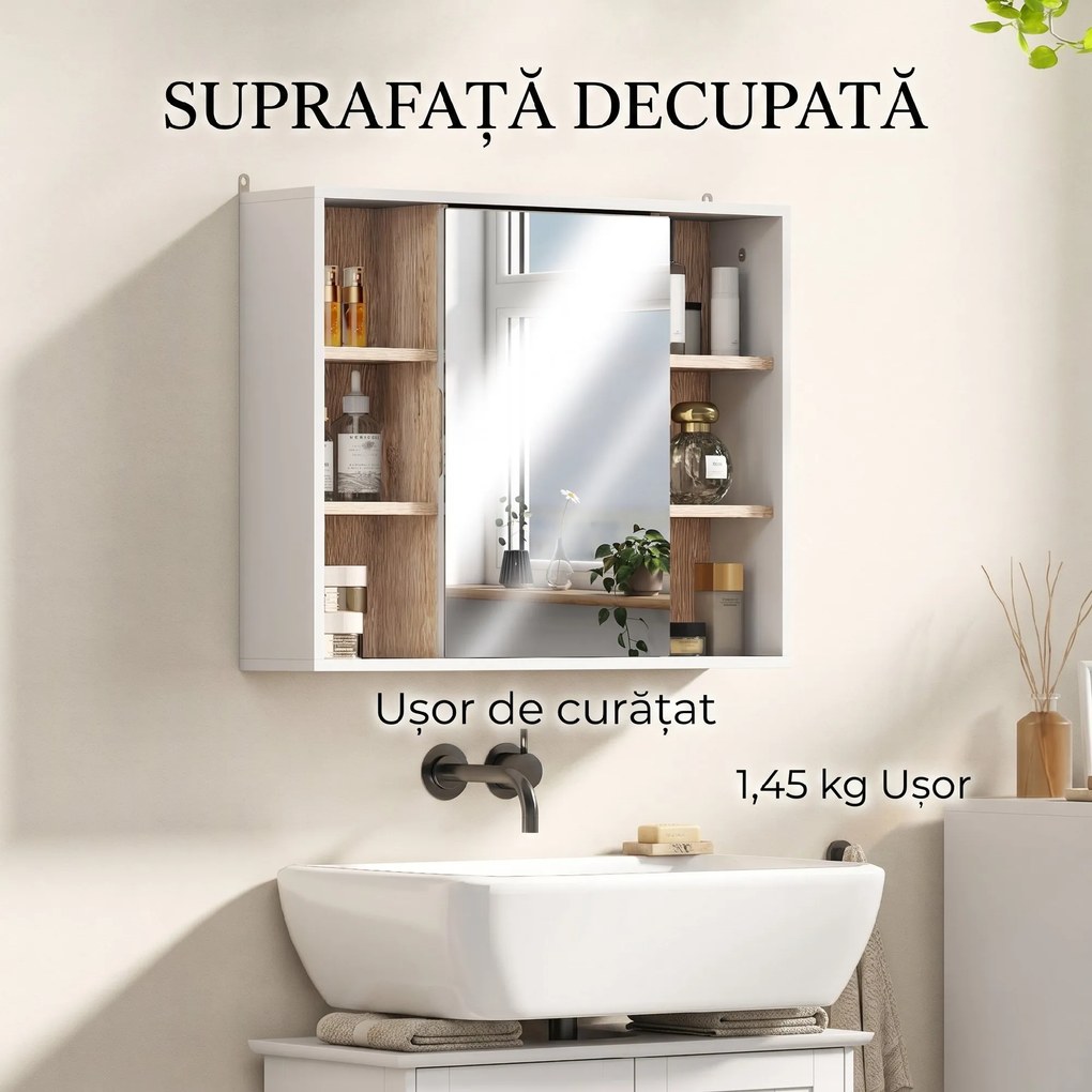 HOMCOM Dulap cu Oglinda din MDF si PAL, Dulap de Baie cu 3 Rafturi Laterale si Raft Interior Reglabil, 60x14.5x49.4 cm, Alb si Lemn Natur | Aosom RO