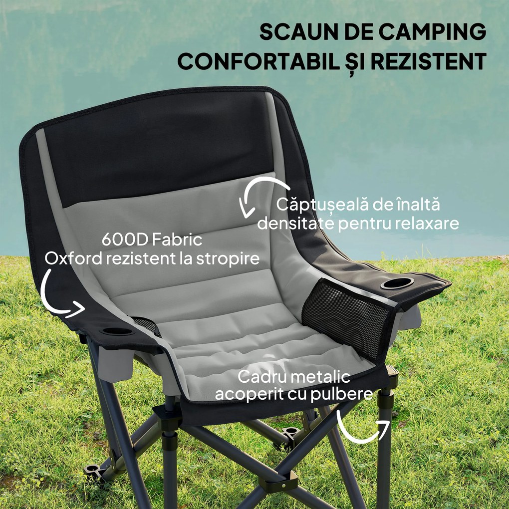 Outsunny Scaun de Camping Pliabil cu 2 Suporturi pentru Pahare și Buzunare Laterale, 99x71x103 cm, Gri | Aosom Romania