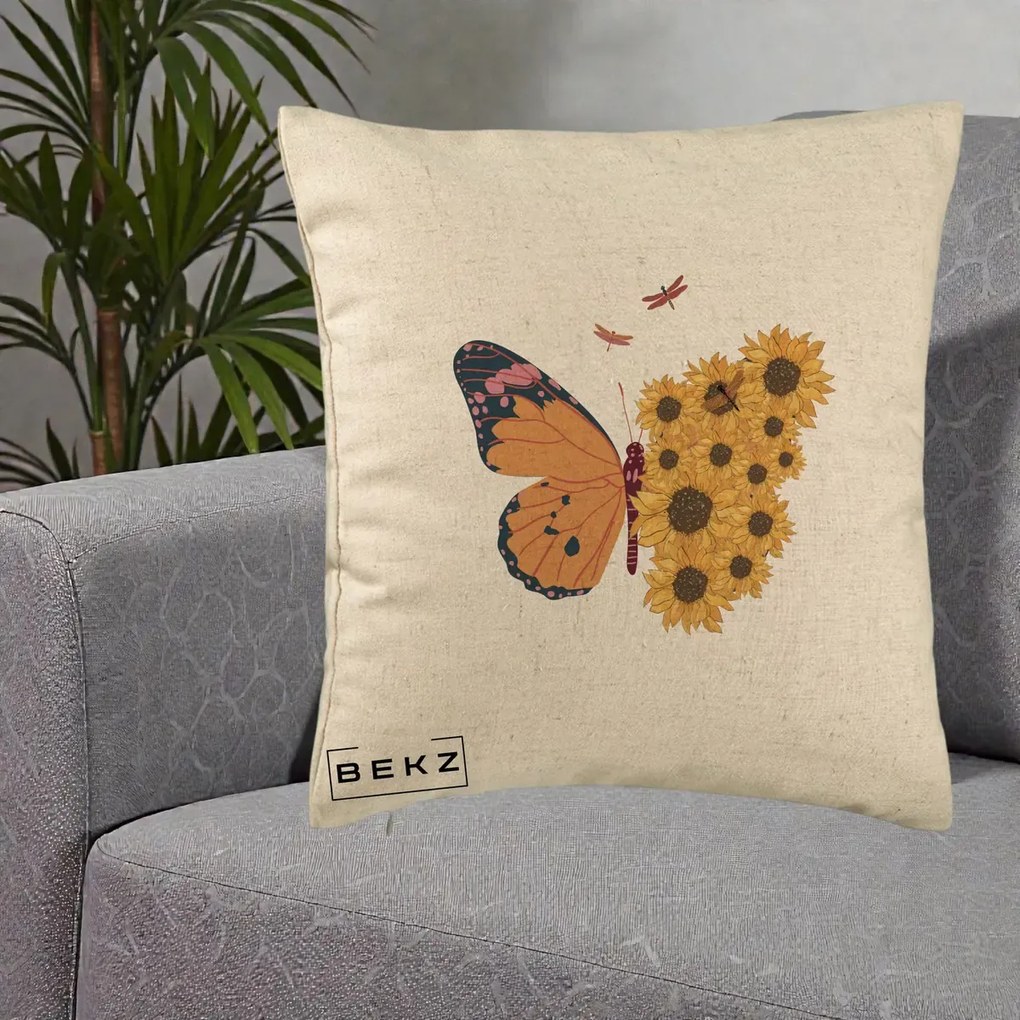 Perna Decorativa Fluture Floarea-Soarelui, 40x40 cm, Bej, Husa Detasabila, Perna Inclusa, BEKZ®