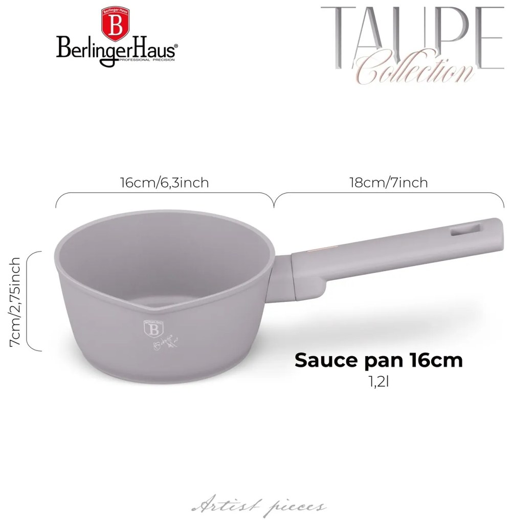 Oală pentru sos 16 cm, 1.2 L Berlinger Haus Taupe Collection BH 8087, cu strat antiaderent titan, ideală pentru încălzire și rețete rapide