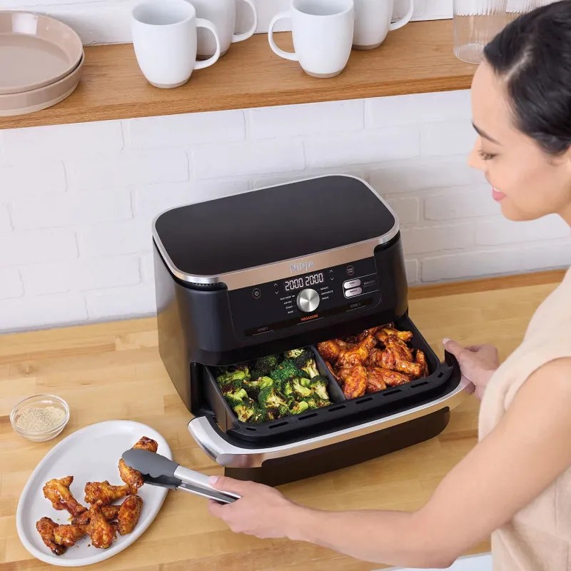 Friteuza dubla cu aer cald Ninja AF500EU, 10.4 L, 7 programe, Timer, Zone independente, Negru/Inox