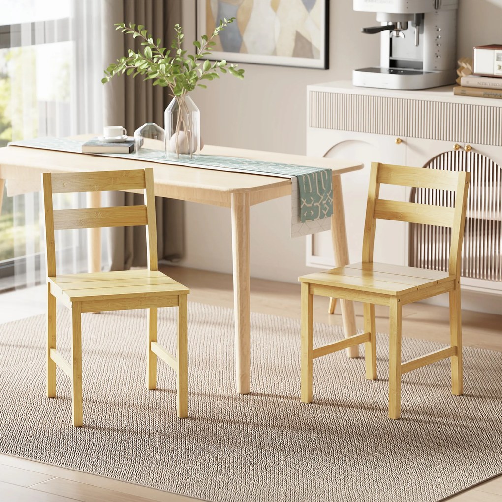 HOMCOM Set de 2 scaune de sufragerie din bambus, scaune de bucătărie fără brațe cu șezut cu lamele, lemn natural | Aosom Romania