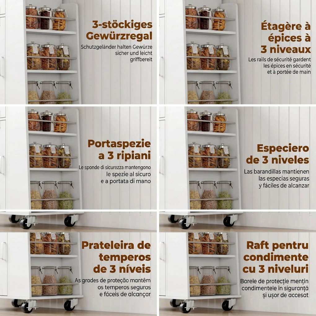 Cărucior de Bucătărie HOMCOM cu Sertar, Dulap, Suport pentru Prosoape și 3 Suporturi pentru Condimente, din Lemn, 62x40x87 cm, Alb | Aosom Romania